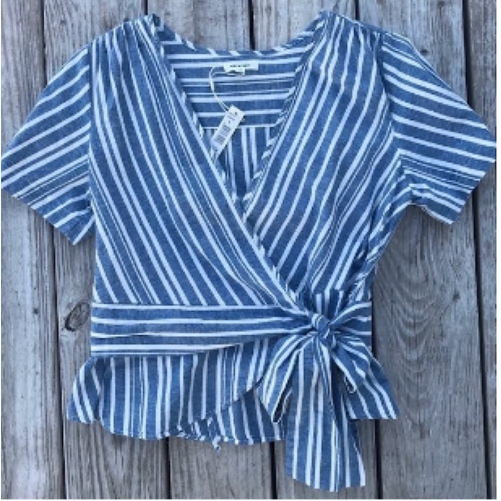 Max Studio Size L Blue & White Striped Denim Style
Wrap Top Blouse